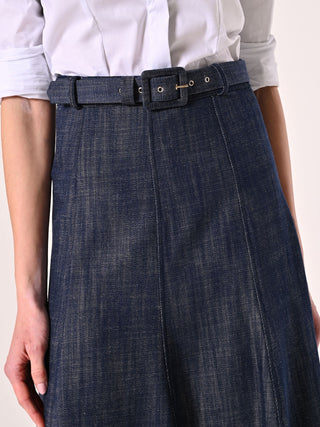 Midi Skirt in Denim with Covered Belt