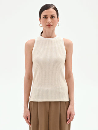 Top oro in maglia a costine con orli smerlati