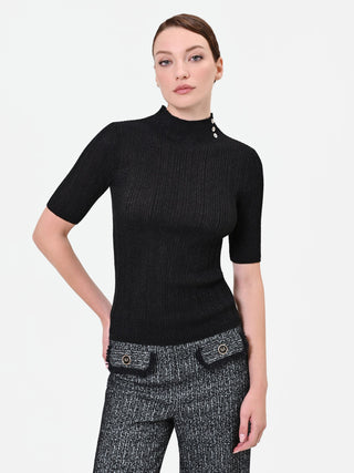 Black Ribbed Top with Decorative Buttons
