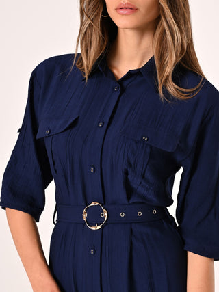 Navy Blue Shirt Dress in Crinkled Viscose Blend