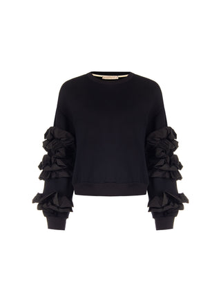 Black crew neck sweatshirt in cotton blend with structured ruffles