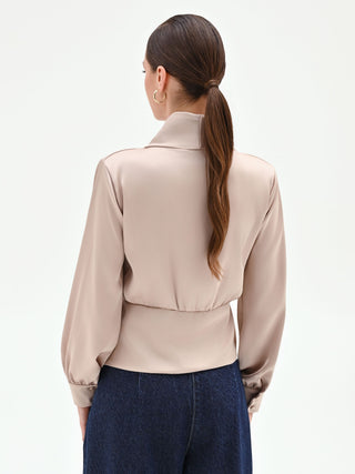 Taupe Beige Satin Wrap Blouse