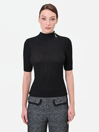 Black Ribbed Top with Decorative Buttons