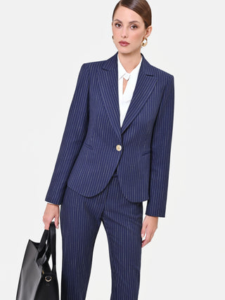 Giacca in misto viscosa blu navy gessata con bottone dorato