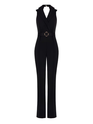Black Jumpsuit with Lapels in Technical Fabric