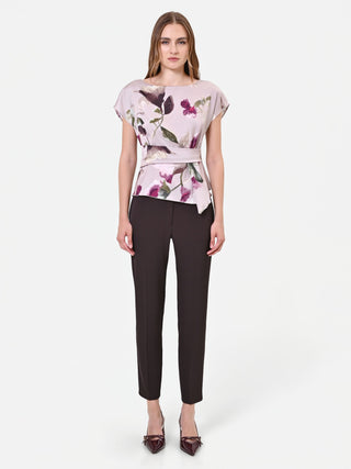 Floral-Print Taupe Satin Blouse