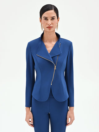 Bright blue jacket with asymmetrical zip