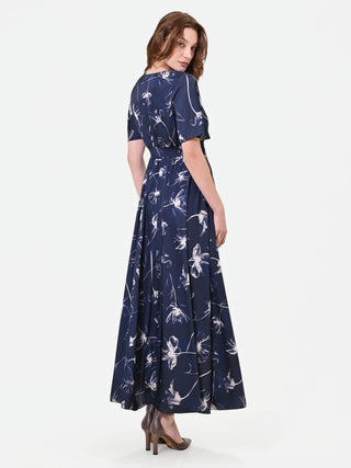 Navy Blue Floral Satin Maxi Dress