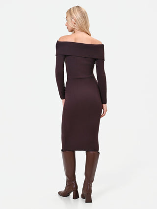 Dark Brown Viscose-Blend Midi Dress with Decorative Buttons