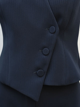Navy Blue Asymmetric Pinstripe Studio Vest
