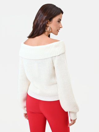 Cream White Wool Boat Neck Sweater