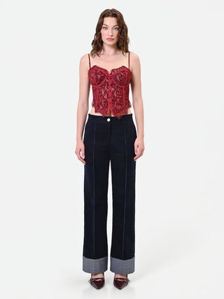 Bordeauxrotes Bustier-Top aus floraler Spitze