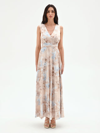 Abito lungo cielo azzurro con stampa acquerello