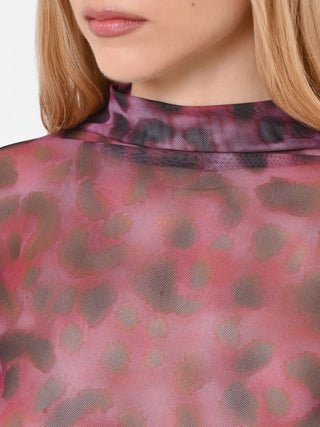 Fitted Burgundy Tulle Blouse with Animal Print