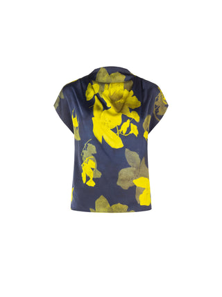 Top blu navy con collo drappeggiato e stampa floreale