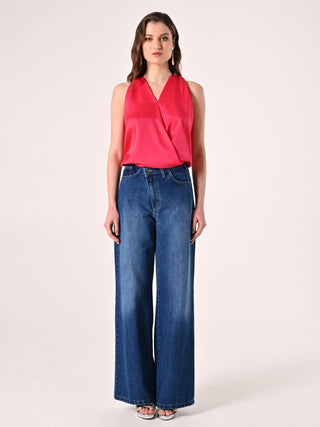 Top Fuxia in Raso con scollo all'Americana