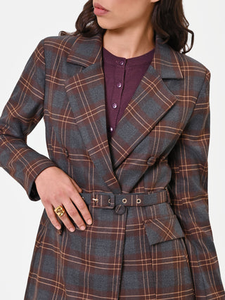 Brown Check Double-Breasted Jacket with Belt