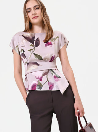 Floral-Print Taupe Satin Blouse