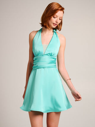 Robe courte évasée vert d’eau en satin