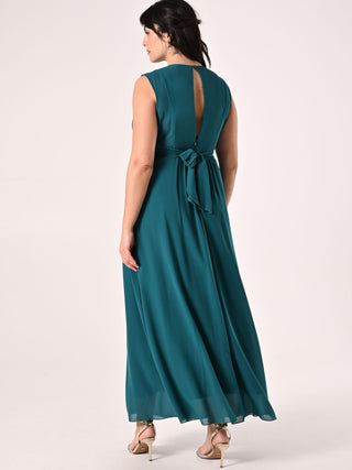 Abito Curvy Verde Reale Lungo con Piping Strass