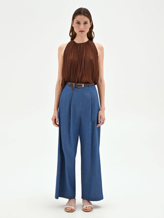 Pantalone a palazzo blu indaco con cintura