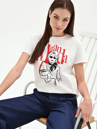 T-shirt 'Miranda: The Devil Wears Prada' bianca in cotone