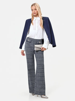 Navy Blue Bouclé Straight-Leg Trousers