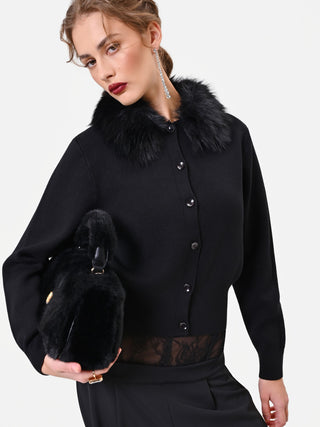Cardigan in viscosa nero con collo effetto pelliccia