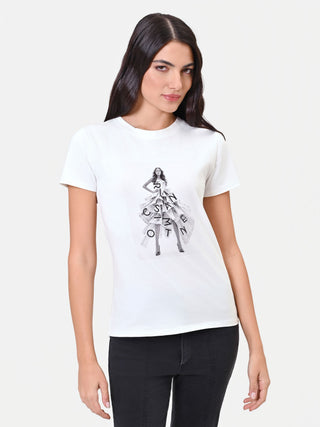 Cremefarbenes Baumwoll-T-Shirt mit Grafik-Print