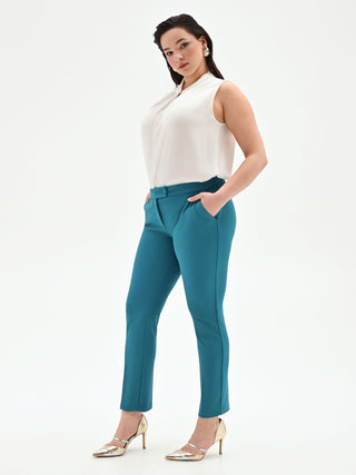 Pantalone Curvy blu ottanio con piega in scuba mano crepe
