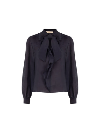 Blusa blu navy con collo a fiocco e volant