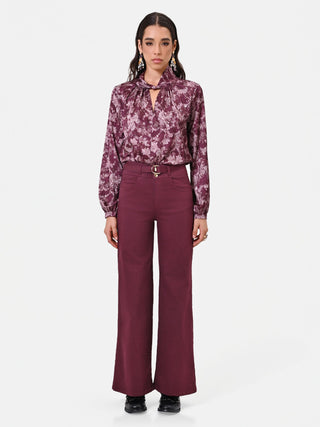 Jeans wide leg in cotone bordeaux con cintura