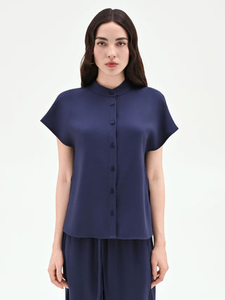 Blusa azul marino con cuello mao