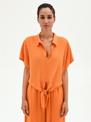 Leinenbluse mit Knoten in Orange