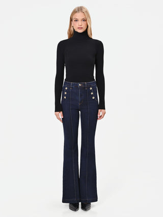 High-Waisted Navy Blue Marinière Flared Jeans