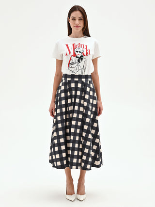 Gonna midi nera con fantasia a maxi quadri