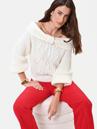 Cream White Wool Boat Neck Sweater
