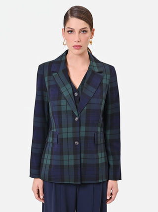 Blue Tartan Viscose-Blend Single-Breasted Jacket
