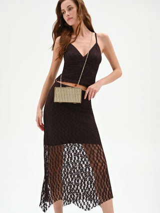 Gonna longuette in pizzo stretch cioccolato