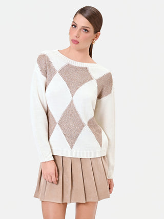 Cream White Diamond-Patterned Wool Sweater