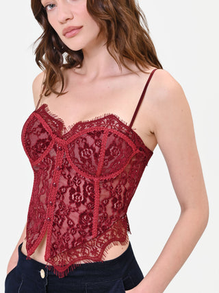 Bordeauxrotes Bustier-Top aus floraler Spitze