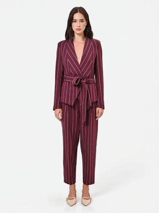 Burgundy Pinstripe Belted Blazer