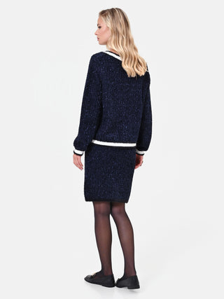 Gonna tubino in maglia blu navy con profili a contrasto