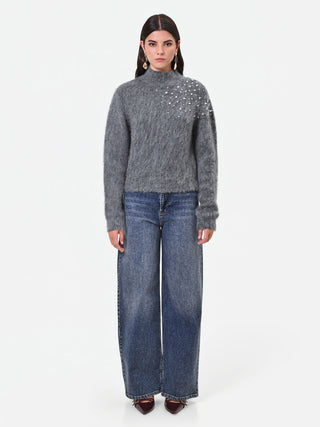 Crystal-Embellished Grey Mohair Sweater
