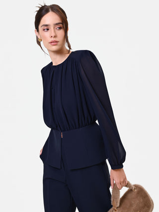 Marineblaue Studio-Bluse aus Georgette mit Schößchen