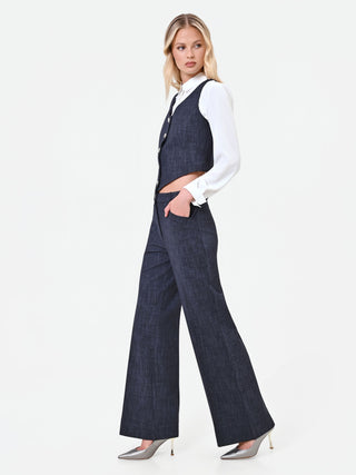 Pantalone blu navy a palazzo con risvolto