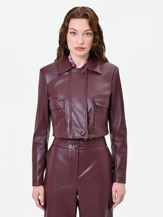 Bordeauxrote Cropped-Jacke in Lederoptik
