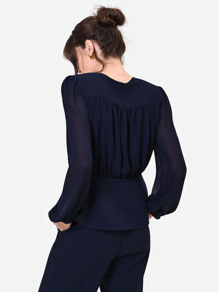 Marineblaue Studio-Bluse aus Georgette mit Schößchen