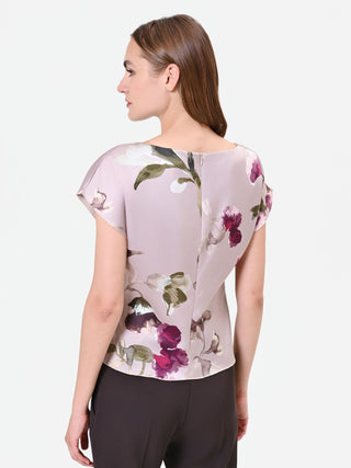 Floral-Print Taupe Satin Blouse