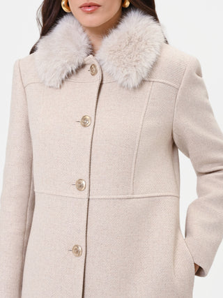 Cappotto monopetto tortora beige con collo effetto pelliccia